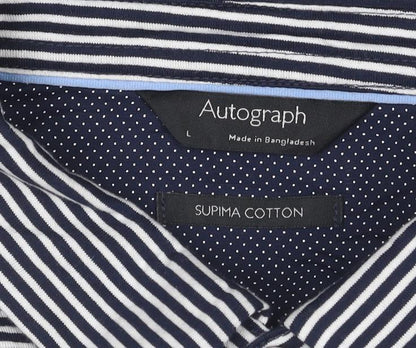 Marks and Spencer Autograph Men's Blue Striped Cotton Polo Shirt L