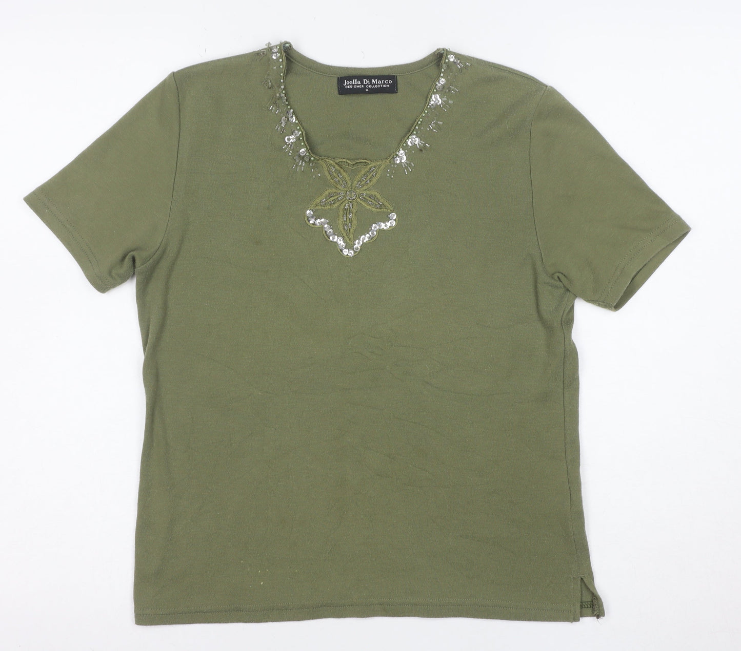 Joella Di Marco Women's Green Beaded V-Neck Short Sleeve T-Shirt size M