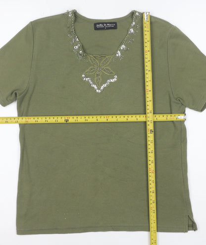 Joella Di Marco Women's Green Beaded V-Neck Short Sleeve T-Shirt size M