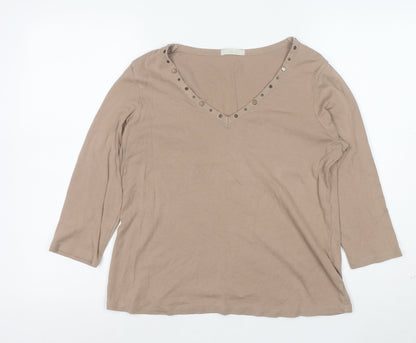 Marks and Spencer Women Beige 3/4 Sleeve Studded V-Neck Cotton Top Size 18