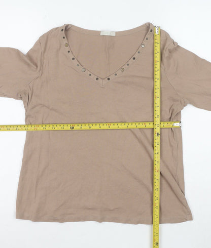 Marks and Spencer Women Beige 3/4 Sleeve Studded V-Neck Cotton Top Size 18