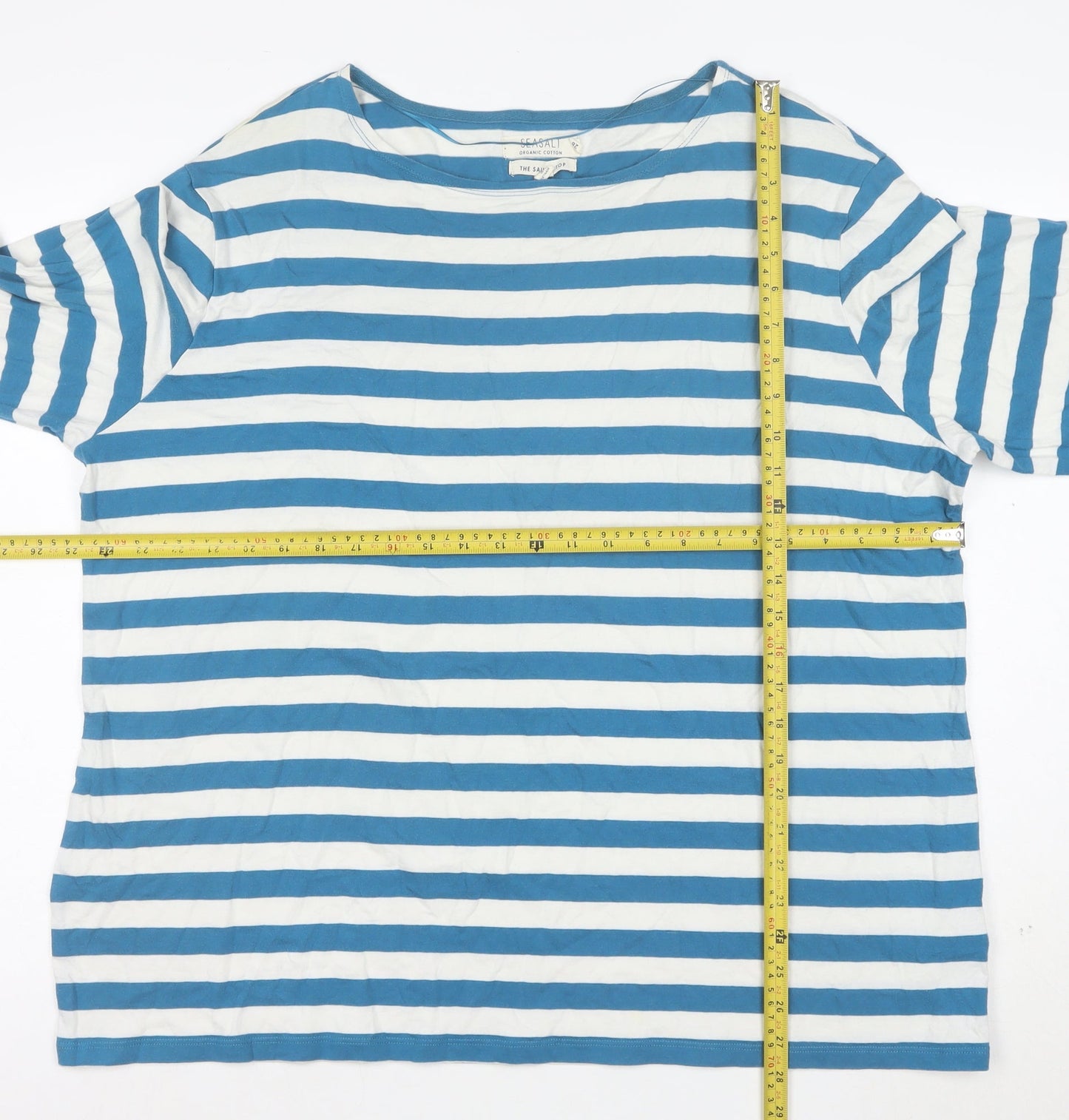 Seasalt Women Blue White Striped 3/4 Sleeve Boat Neck Organic Cotton Top Size 18
