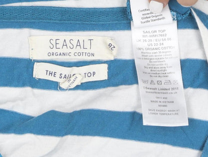 Seasalt Women Blue White Striped 3/4 Sleeve Boat Neck Organic Cotton Top Size 18