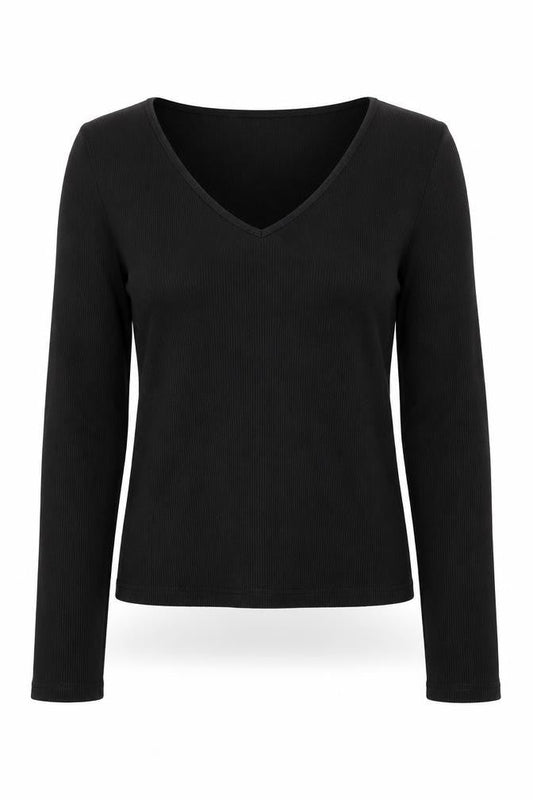 Bershka Women’s Black V-Neck Long Sleeve Slim Cotton Top L