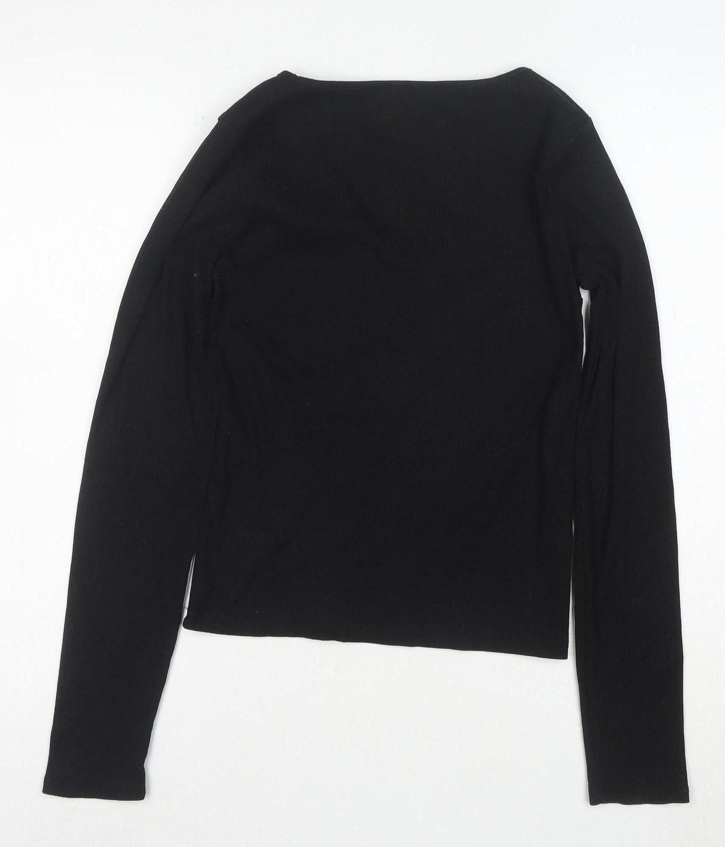 Bershka Women’s Black V-Neck Long Sleeve Slim Cotton Top L
