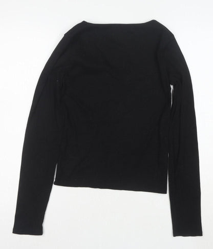 Bershka Women’s Black V-Neck Long Sleeve Slim Cotton Top L