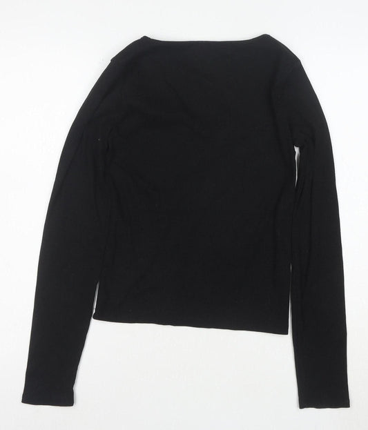Bershka Women’s Black V-Neck Long Sleeve Slim Cotton Top L