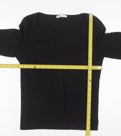 Bershka Women’s Black V-Neck Long Sleeve Slim Cotton Top L