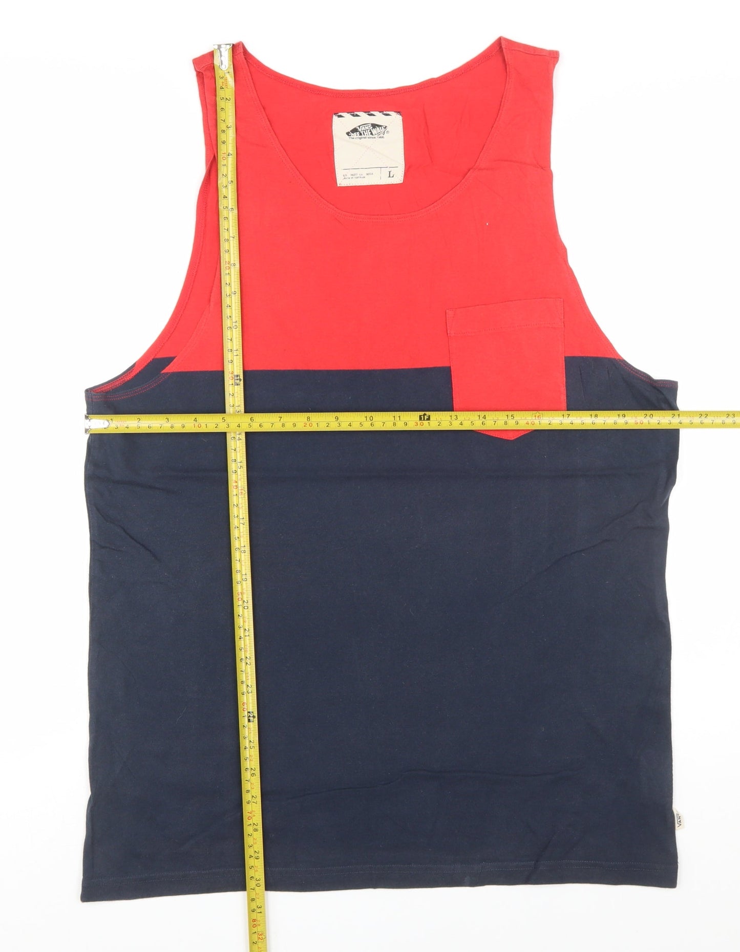 Vans Men's Red and Navy Sleeveless Cotton T-Shirt Size L
