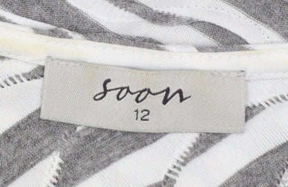 Soon Women's Grey Striped 3/4 Sleeve Cotton T-Shirt Size 12
