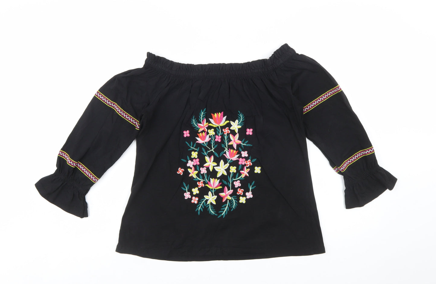 Dorothy Perkins Women's Black Floral Embroidered Off Shoulder Blouse UK 12