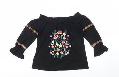 Dorothy Perkins Women's Black Floral Embroidered Off Shoulder Blouse UK 12