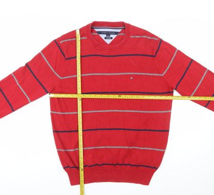 Tommy Hilfiger Men's Red Striped Cotton Crew Neck Jumper Size M