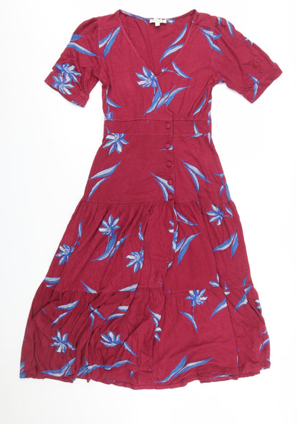 Monsoon Women Red Floral Midi Fit & Flare Dress Size S
