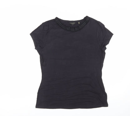 Ted Baker Women's Black Beaded Crew Neck Short Sleeve Top Size 14