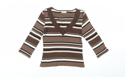 Wallis Women’s Brown Striped 3/4 Sleeve V-Neck Cotton T-Shirt Size 12