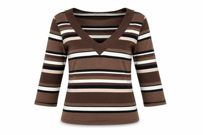 Wallis Women’s Brown Striped 3/4 Sleeve V-Neck Cotton T-Shirt Size 12