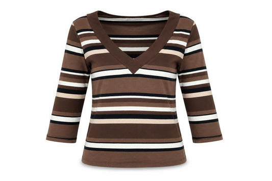 Wallis Women’s Brown Striped 3/4 Sleeve V-Neck Cotton T-Shirt Size 12