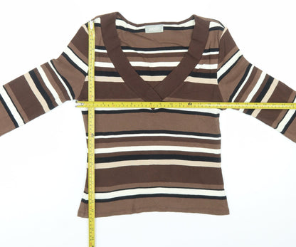 Wallis Women’s Brown Striped 3/4 Sleeve V-Neck Cotton T-Shirt Size 12