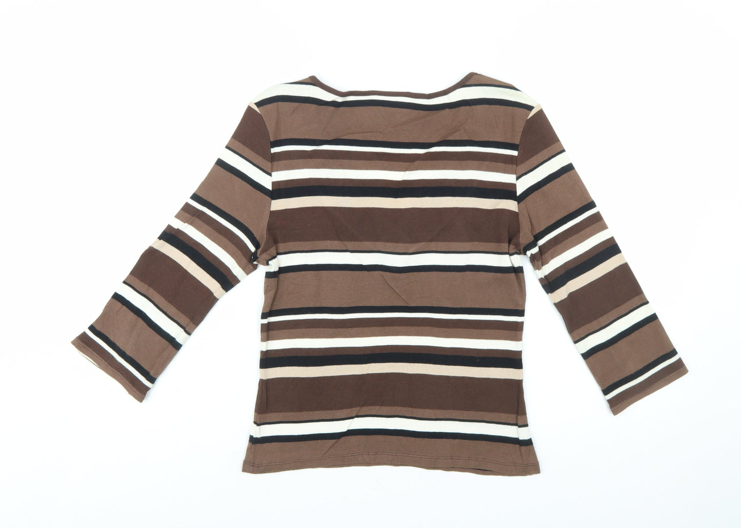 Wallis Women’s Brown Striped 3/4 Sleeve V-Neck Cotton T-Shirt Size 12