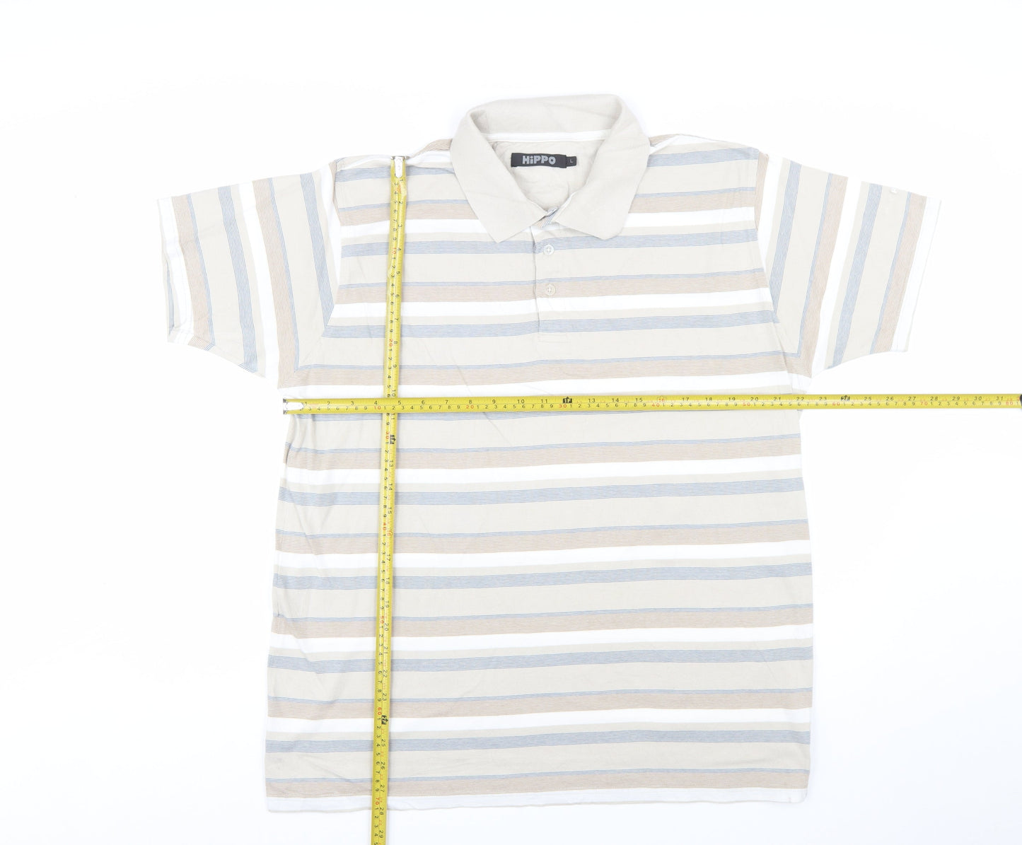 HiPPO Men's Beige Striped Cotton Polo Shirt Size L Short Sleeve