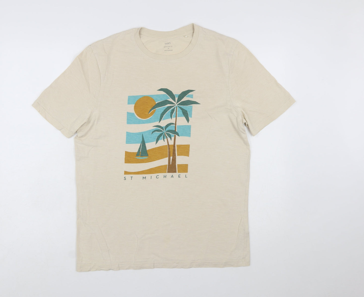 Marks and Spencer Men’s Beige Graphic Palm Beach Cotton T-Shirt Size M