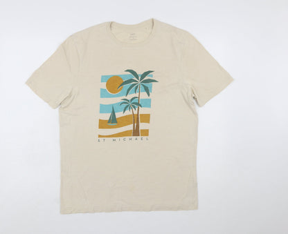 Marks and Spencer Men’s Beige Graphic Palm Beach Cotton T-Shirt Size M