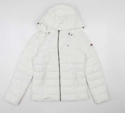 Tommy Jeans Women's White Puffer Jacket Hooded Short Size S