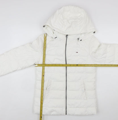Tommy Jeans Women's White Puffer Jacket Hooded Short Size S