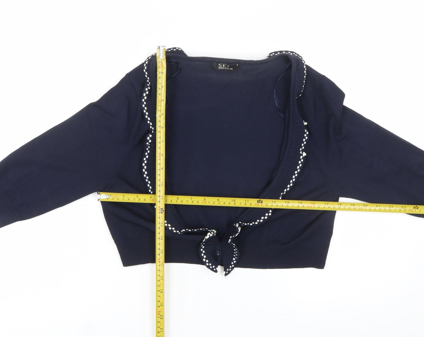 Sky Designs Women’s Navy Polka Dot Trim Cardigan Size 12 Wrap Style
