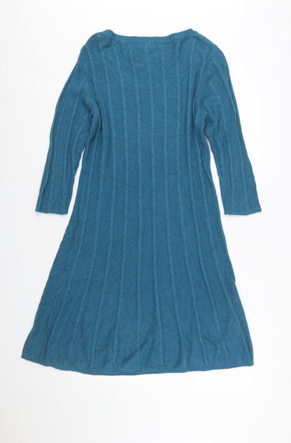 Monsoon Women’s Blue Knit Jumper Dress M 3/4 Sleeve Cotton Angora
