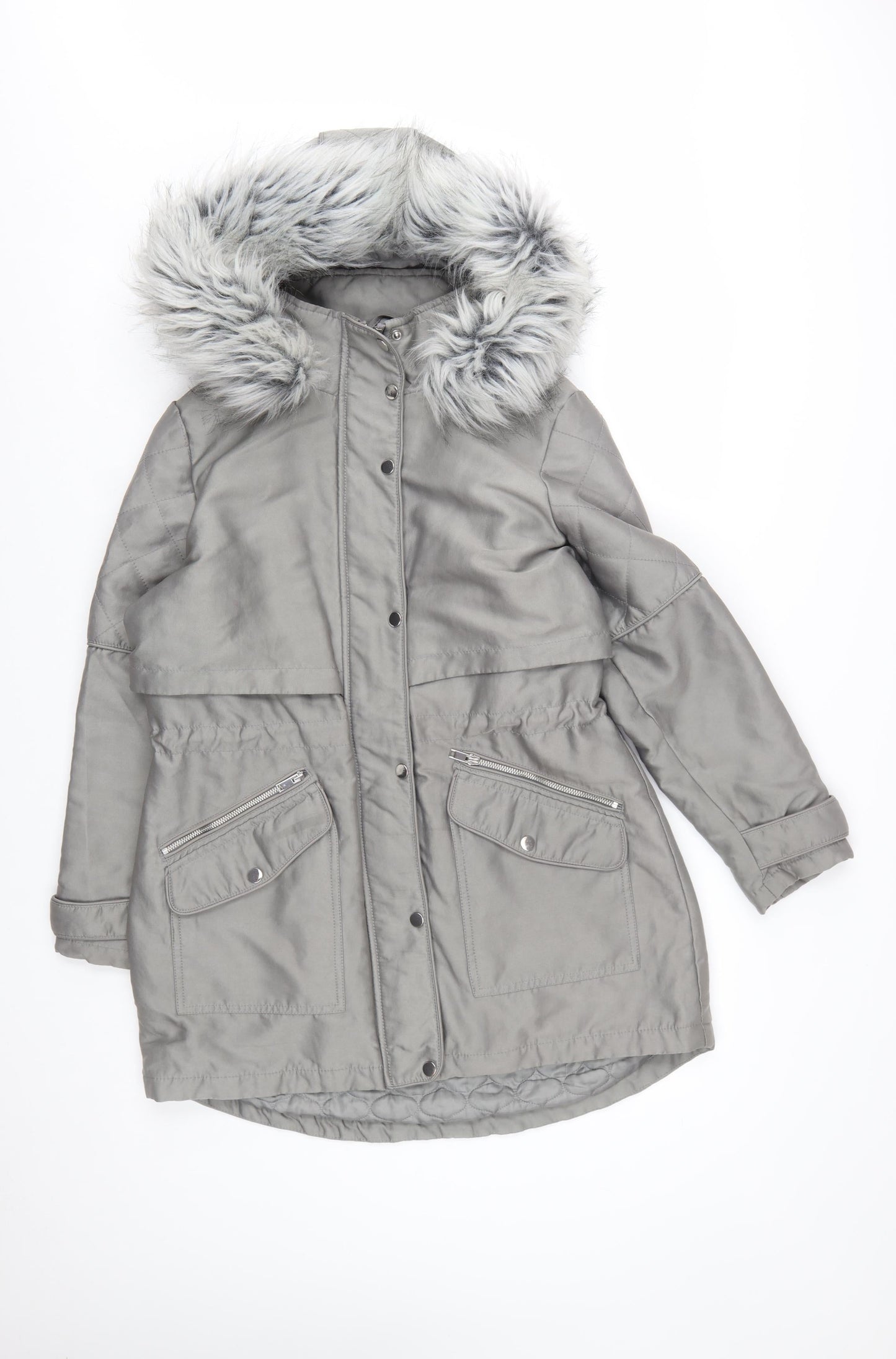 Next Petite Women’s Grey Faux Fur Hooded Parka Coat Size 14P