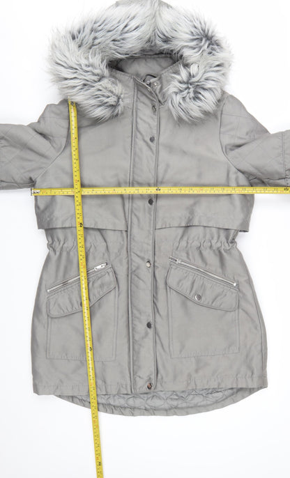 Next Petite Women’s Grey Faux Fur Hooded Parka Coat Size 14P