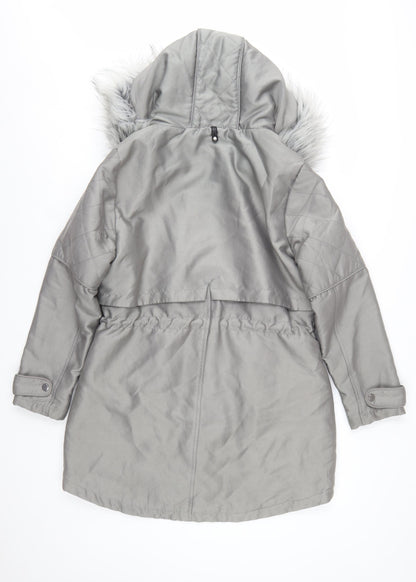 Next Petite Women’s Grey Faux Fur Hooded Parka Coat Size 14P