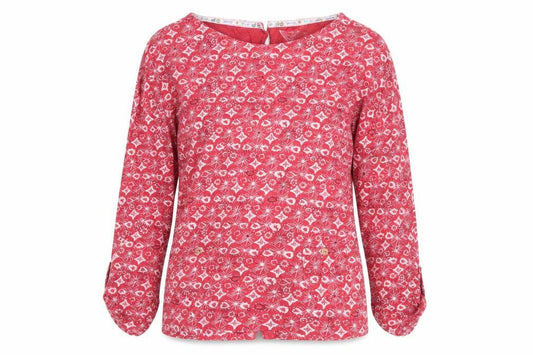 Mantaray Women Red Floral Cotton Long Sleeve Tunic Blouse Size 10