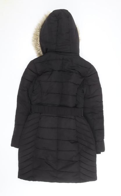Principles Petite Black Faux Fur Trim Belted Puffer Coat Women’s Size 8