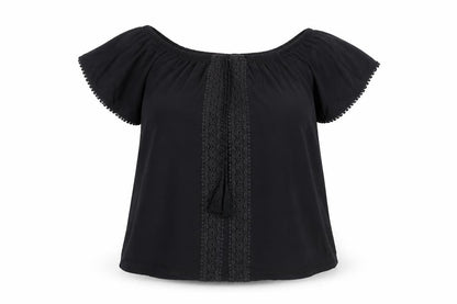 Evans Women's Black Off Shoulder Crochet Tunic Blouse Size 14