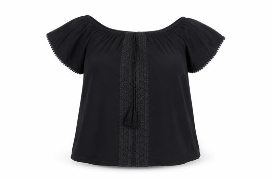 Evans Women's Black Off Shoulder Crochet Tunic Blouse Size 14