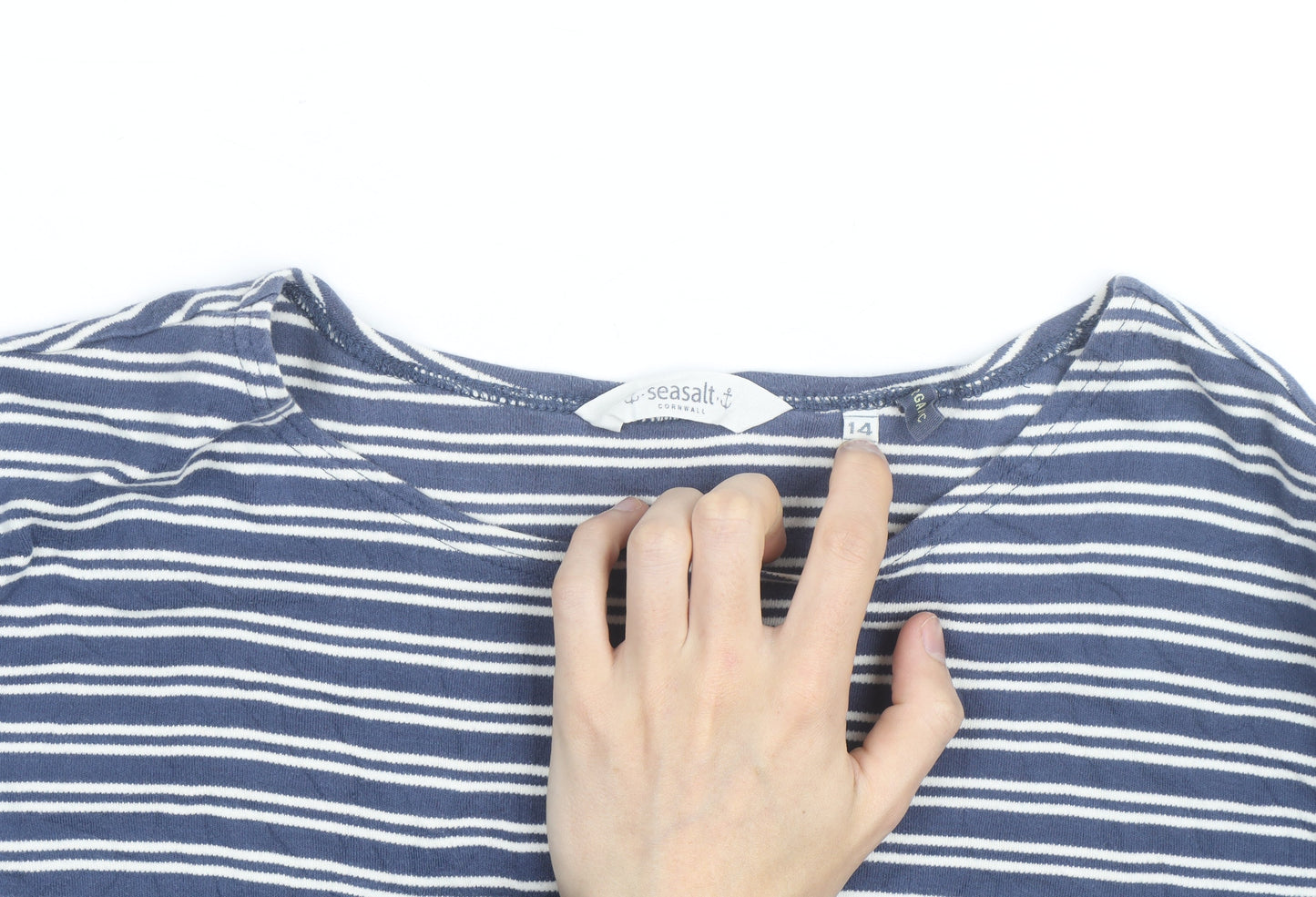 Seasalt Cornwall Women's Blue Striped Organic Cotton 3/4 Sleeve T-Shirt Size 14