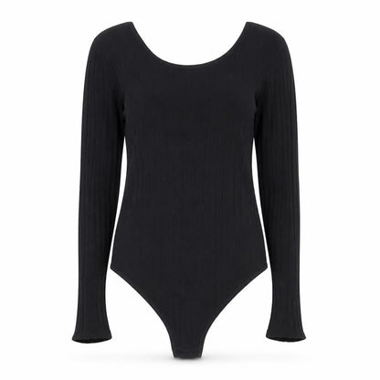 H&M Women Black Ribbed Long Sleeve Bodysuit Size L