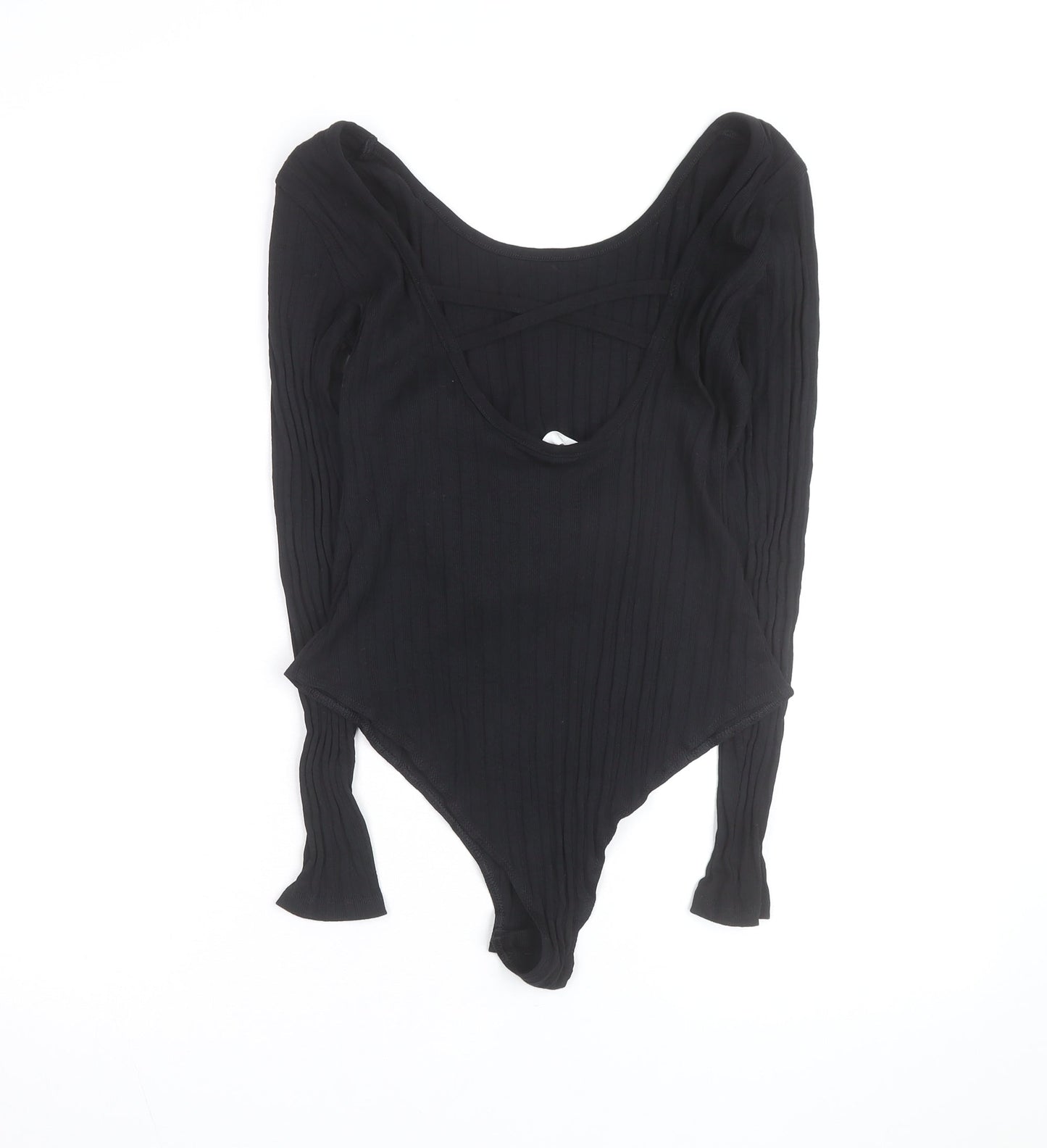 H&M Women Black Ribbed Long Sleeve Bodysuit Size L