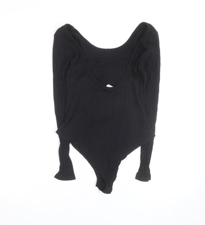 H&M Women Black Ribbed Long Sleeve Bodysuit Size L