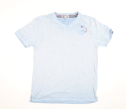 Geographical Norway Men's Blue Embroidered V-Neck Cotton T-Shirt M
