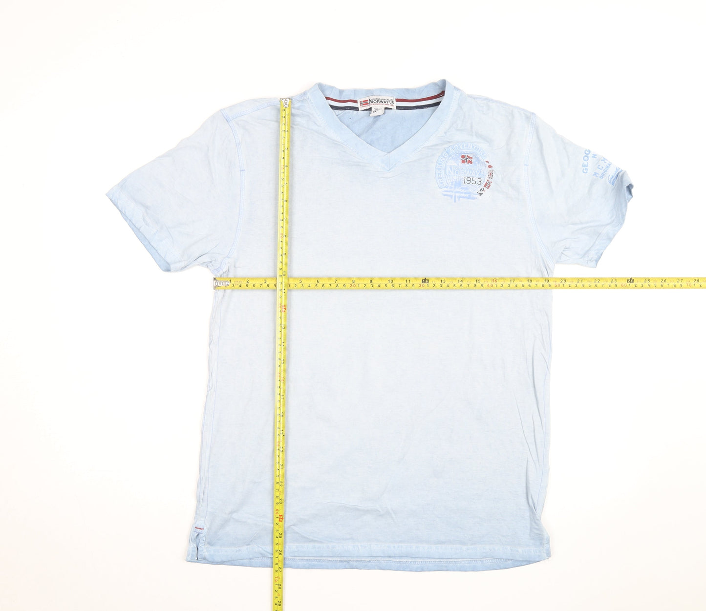 Geographical Norway Men's Blue Embroidered V-Neck Cotton T-Shirt M