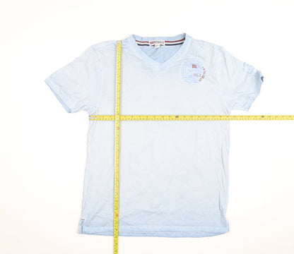 Geographical Norway Men's Blue Embroidered V-Neck Cotton T-Shirt M