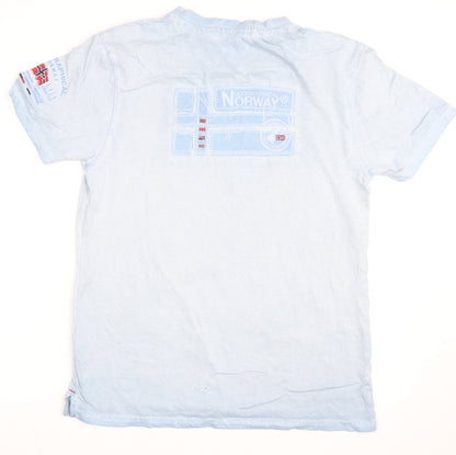 Geographical Norway Men's Blue Embroidered V-Neck Cotton T-Shirt M