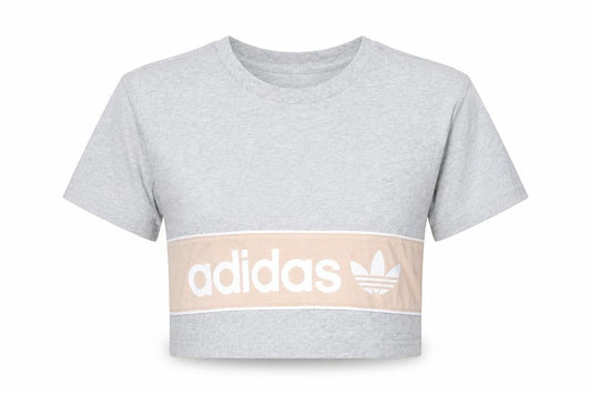 Front view of Adidas Women’s Grey Cropped T-Shirt, size UK 10, Casual Sports Style