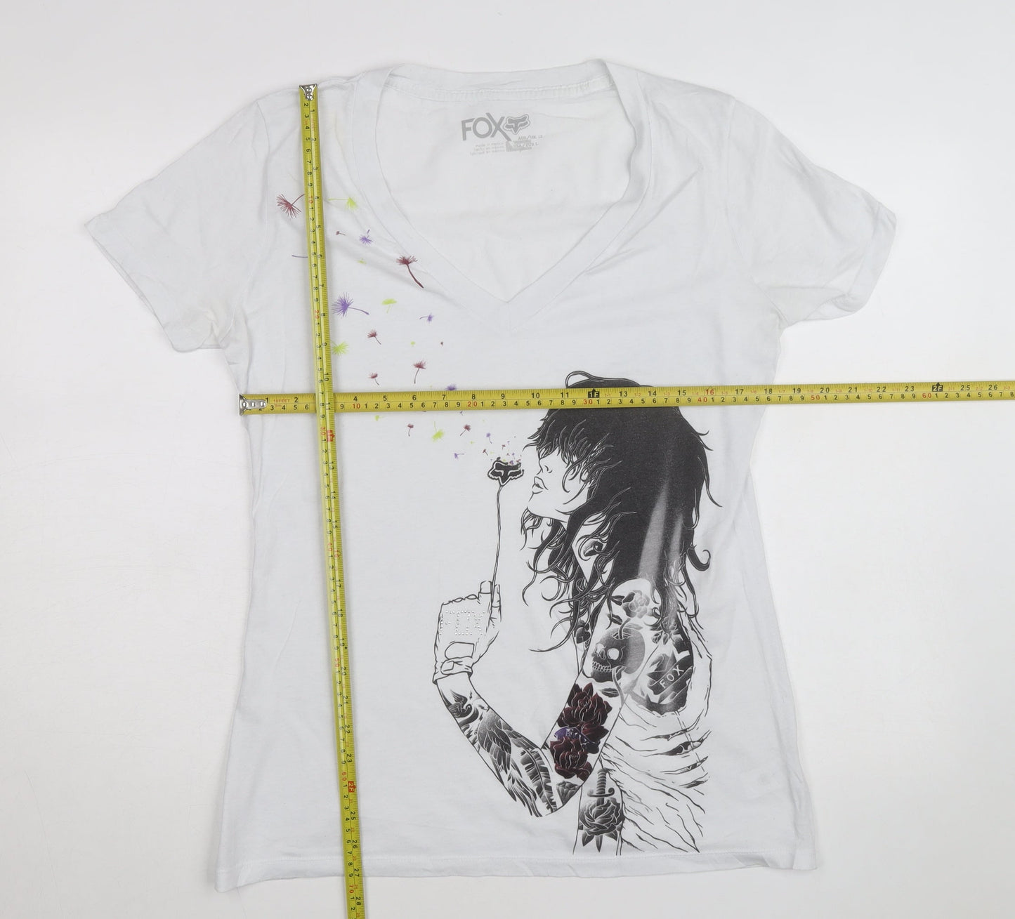Fox Womens White Graphic V-Neck Short Sleeve Cotton T-Shirt Size L