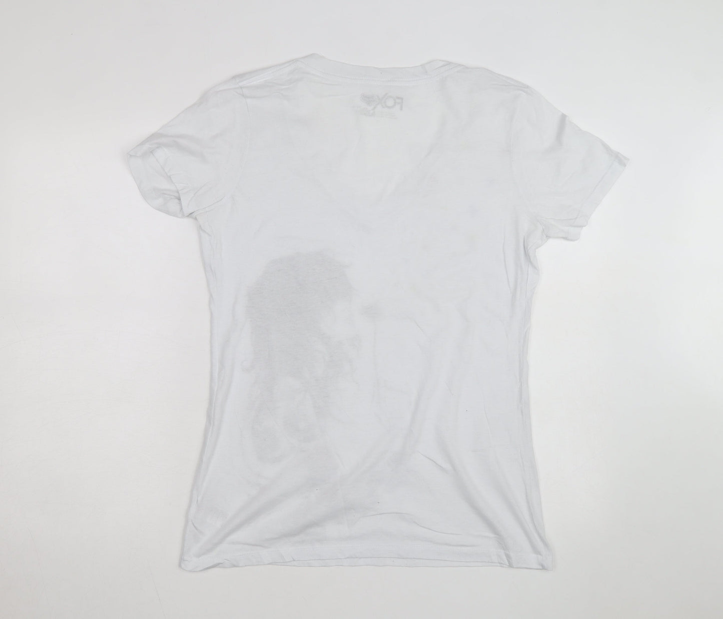 Fox Womens White Graphic V-Neck Short Sleeve Cotton T-Shirt Size L
