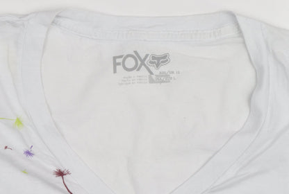 Fox Womens White Graphic V-Neck Short Sleeve Cotton T-Shirt Size L